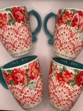 Pioneer Woman oversized Floral Red and Teal Ceramic Mug Set - 4  24 oz